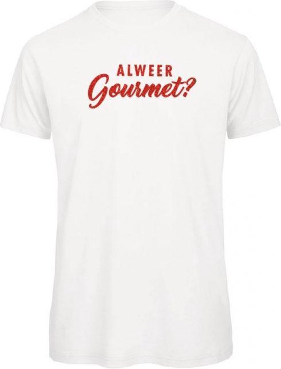 Kerst t-shirt wit XXL - Al weer gourmet? - rood glitter - soBAD. | Kerst t-shirt soBAD. | kerst shirts volwassenen | kerst t-shirts volwassenen | Kerst outfit | Foute kerst t-shirts